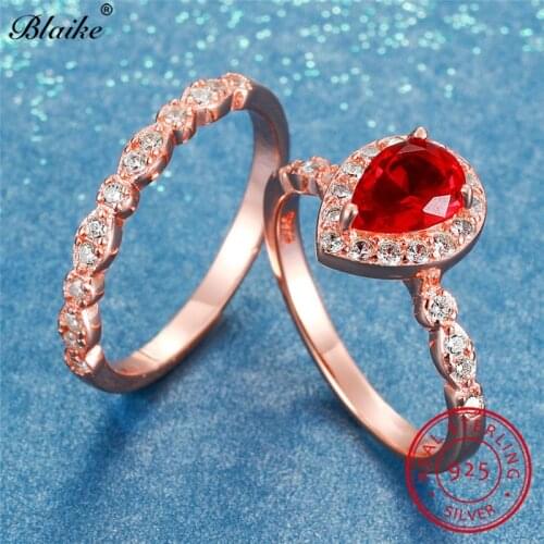 Pear Cut Red Ruby Stone Ring Set 925 Sterling Silver Rings For Women Zircon Wedding Bridal Sets Water Drop Engagement Ring Bride