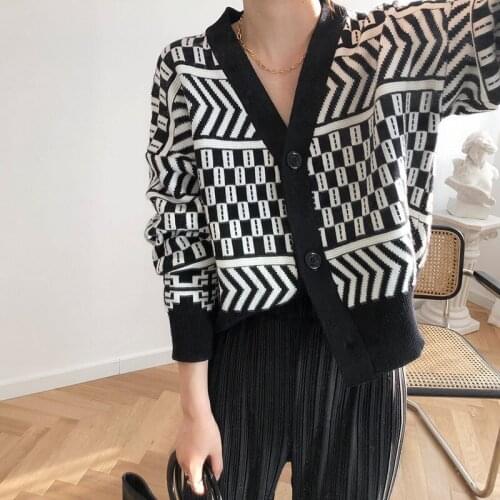 Cardigan Oversize Korean Style Womens Sweater Retro Plaid Knitted Cardigans Loose Streetwear Knit Sweater Coat Women Jacket