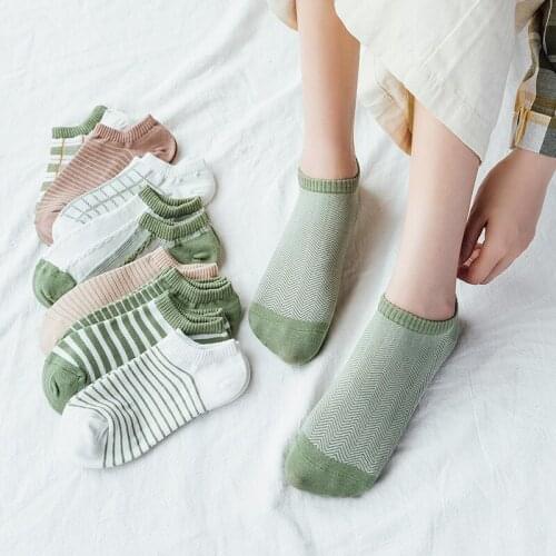 Green Brown Color Short Boat Socks for Women Spring Summer Autumn Stripes Grids Cotton Socks Comfortable Soft Female calcetines