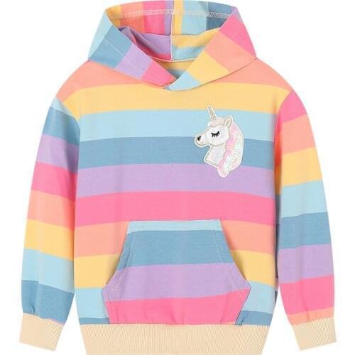 Fashion Rainbow Striped Hoodie Girls Clothes Hooded Kid Hoodies Sweatshirt Cartoon Casual Loose Jumper Tops Cute Pink Clothing