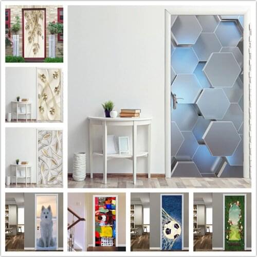 Fashion Modern Life Design Home Decor Poster Door Sticker Surface Cover Decoration Wallpaper Blue Hexagon Waterproof Door Decals