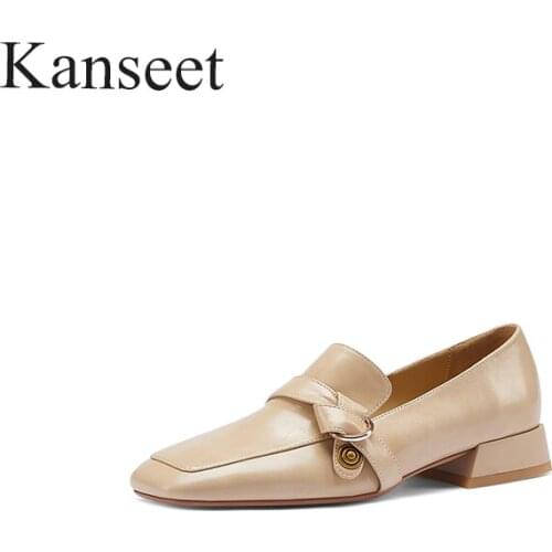 Kanseet New Women Pumps Apricot Brown Genuine Leather Loafers Shoes Concise Square Toe Casual Shoes Metal Decoration 2021 Female