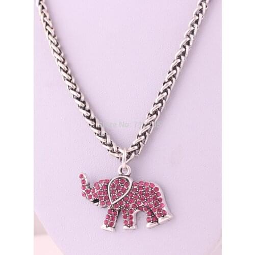 Zinc alloy Elephant Rose Red Crystal wild Animal Pendant with wheat link chain lobster clasp necklace