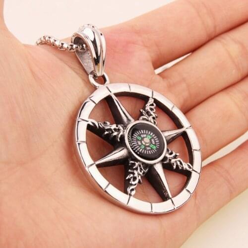 Punk Silver Color Black Stainless Steel Round Compass Pendant Necklace Mens Unisexs Jewelry High Quality Free Box Chain 24inch