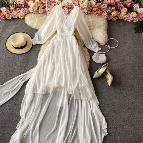 Woherb Beach Style Solid White Dress Women V-neck Asymmetrical Long Dresses 2021 Summer New Korean Chic Vestidos De Mujer