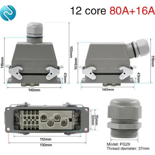 Heavy duty connector 12 core rectangular hdc-012 industrial waterproof aviation plug socket with Large current 80A