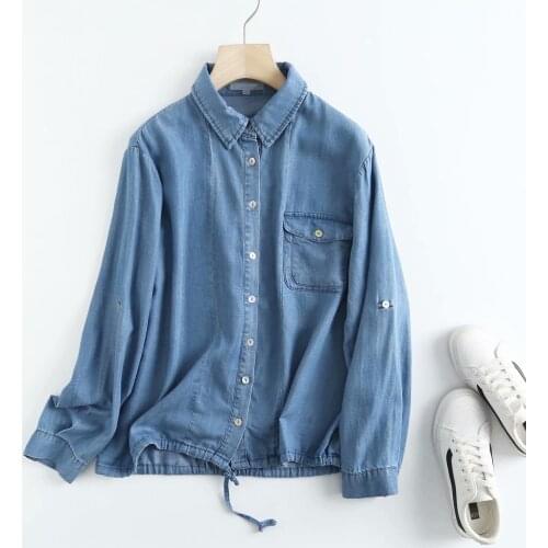 Draw string denim shirt women turn down collar spring casual jeans shirt long sleeves blue loose cotton shirt blouse tops