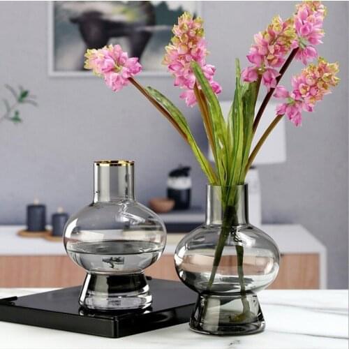 European Retro Thick Glass Vase Indoor Living Room Table Plant Flower Golden Home Decoration Accessories Transparent Glass Vase