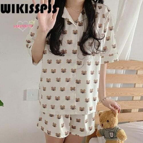 WIKISSPJS Summer Short Sleeve Bear Cub Lovely Girl Leisure Home Suit Sleep Tops Kawaii Pajama Japanese Pyjama
