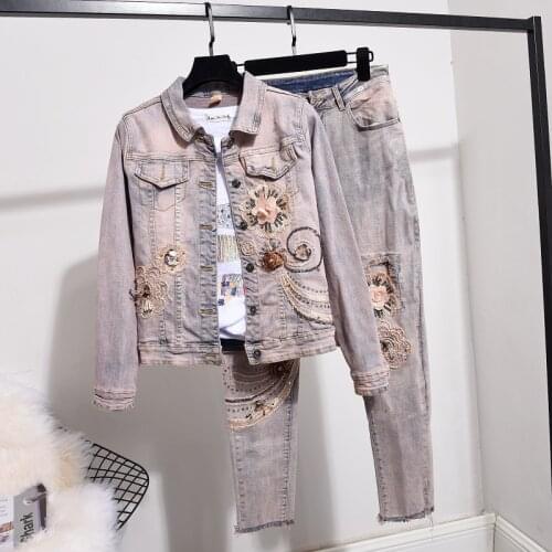 Autumn Fashion Beading Flowers Denim Jacket Women Suit Casual Vintage Sequins Stretch Sexy Jeans Suit Female 2 Piece Set H1023