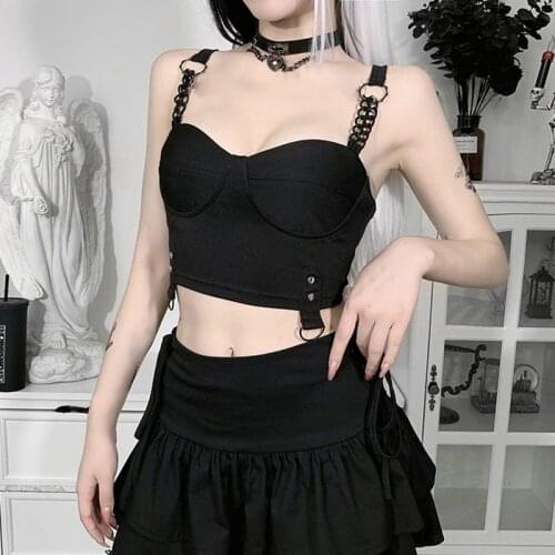 Punk Chain Black Camisole Gothic Bodycon Corset Tops Streetwear Sexy Backless Women Summer