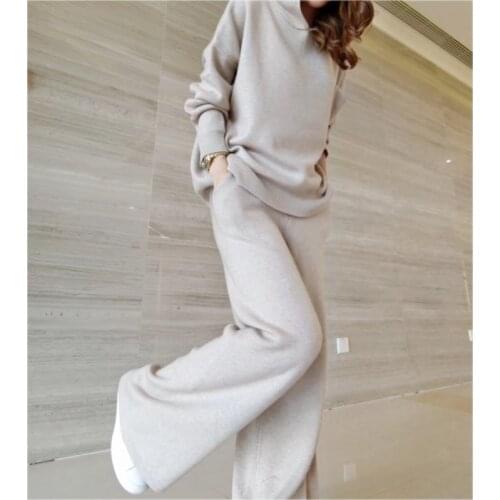2019 autumn winter Women Solid Color Hooded Pullover Knit Sweater + Casual Wide Leg Pants Fashion Two Piece Set