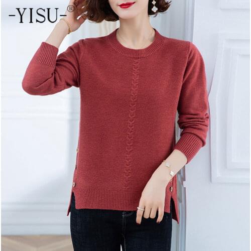 YISU Women Thin section Sweater Spring Solid color O-Neck Long sleeve Split ends Sweater Jumper Female Casual Knitted Pullover