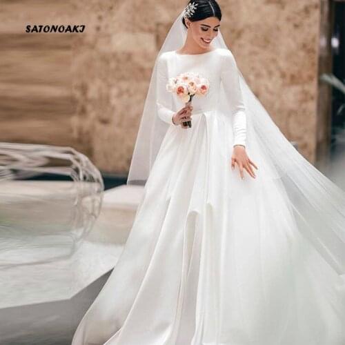 Simple Vintage White Ivory Wedding Dress for Women Long Sleeves Satin Bridal Vestido De Novia Robe Mariage Online Shop Undefined