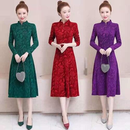 Chinese Lace Cheongsam Long Sleeve Traditional Chinese Dress Womens Cheongsam Qipao Mujere Vestido Size M L XL XXL XXXL 4XL