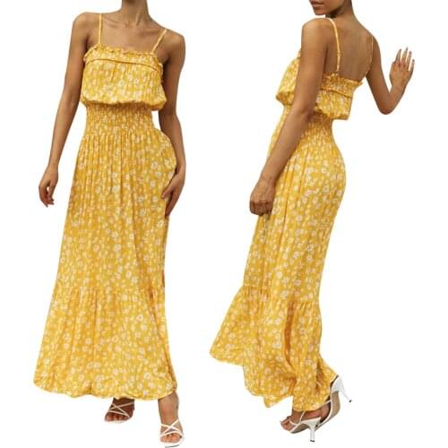 Summer 2021 Women NEW Arrival Dresses Sleeveless Square Neck Dress Ladies Female Beach Dress Yellow Printed Dress