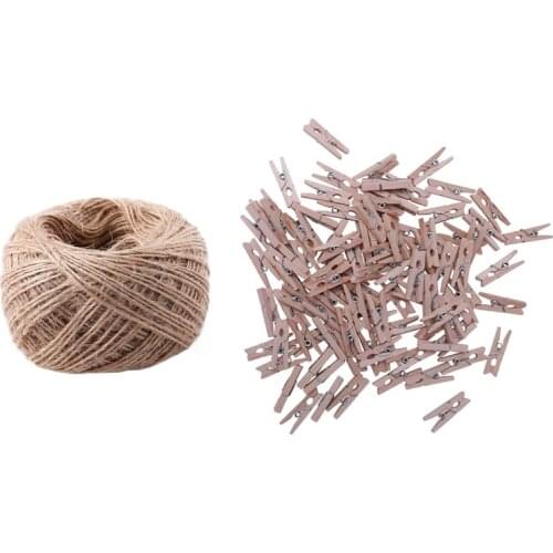 100 Pcs/Set 25mm Mini Wooden Clip Natural Craft Pin Line Photo Baby & 1 roll 100 Meter Natural Textured Hessian Jute Twine Strin