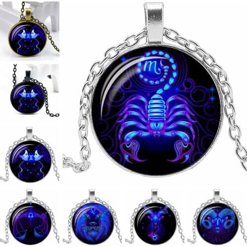 2020 New Blue 12 Constellation 3 Color Necklace Glass Convex Round Personality Badge Pendant Necklace Gift Wholesale