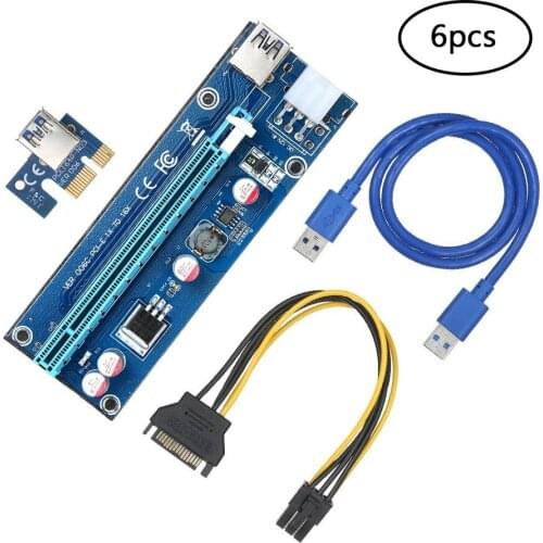 6-Pack Multi-interface PCI-E 6pin Powered Riser Adapter Card 1x to 16x Rise Board with 23.6in USB3.0 Extension Cable