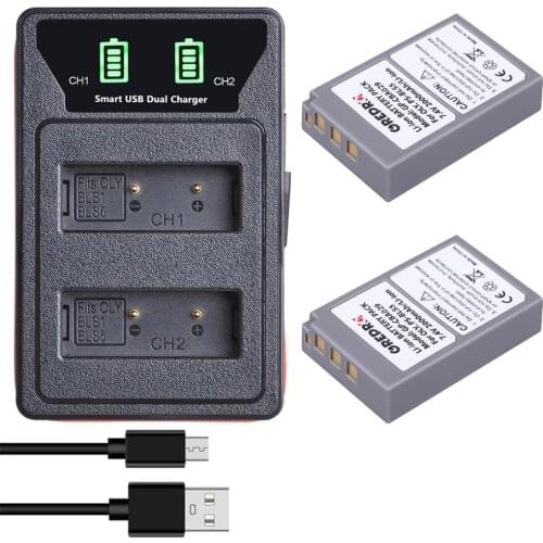 2000mAh PS-BLS5 BLS-5 BLS5 battery + LED Dual Charger with type-C port for Olympus PEN E-PL2 E-PL5 E-PL6 E-PL7 E-PM2 OM-D E- M10