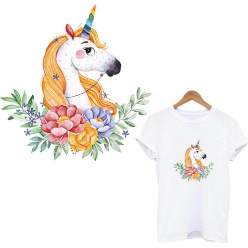 Cartoon Unicorn Applique Flower Clothing Stickers Iron-on Transfers For Clothing Animal Applique Heat Transfers For Clothes