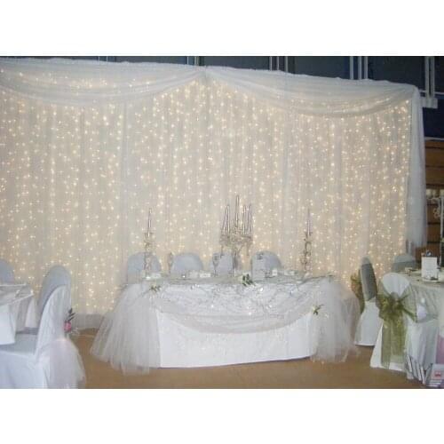 White 10ft(H) * 20ft(W) Shiny Ice Silk Wedding Backdrop Curtain with swag with Led Light for Wedding Decoration