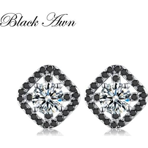 [BLACK AWN] 100% 925 Sterling Silver Earrings Jewelry Wedding Stud Earrings for Women Black Spinel Silver 925 Jewelry T178