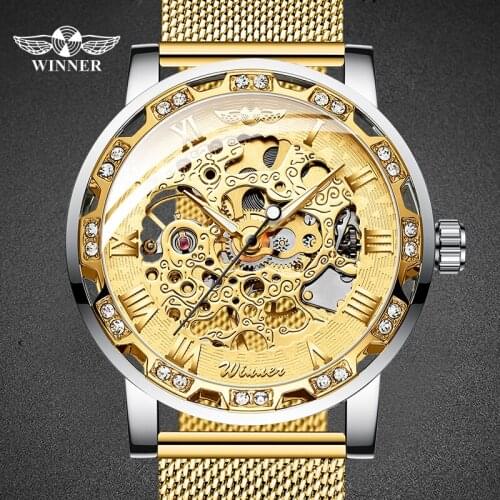 WINNER Mechanical Male Watch Golden Clock Full Steel Top Luxury Skeleton Luminous Mans Small Dial Wristwatches