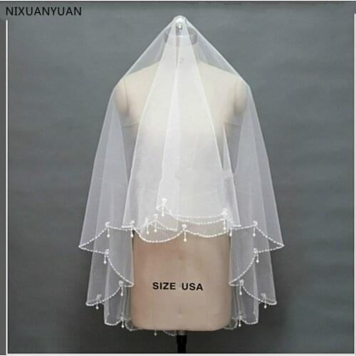 Wholesale Real Photos Beading Edge Wedding Bridal Veil White Ivory Bride Veils Two Layers Elbow Length Veil