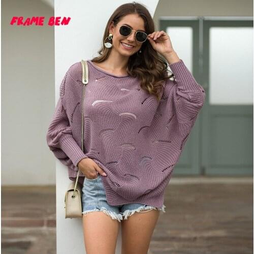 FRAME BEN 2019 Autumn and Winter Sweater Female Casual Loose O Neck Hollow Out Hook Flower Batwing Sleeve Sweater
