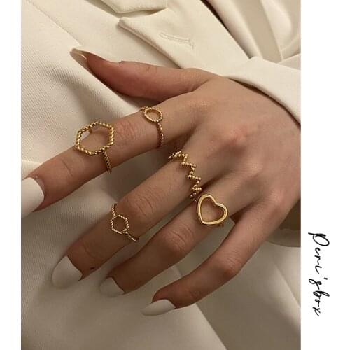 PerisBox Dainty simple solid gold color wave heart round hexagon twisted thin ring for women minimal jewelry gifts