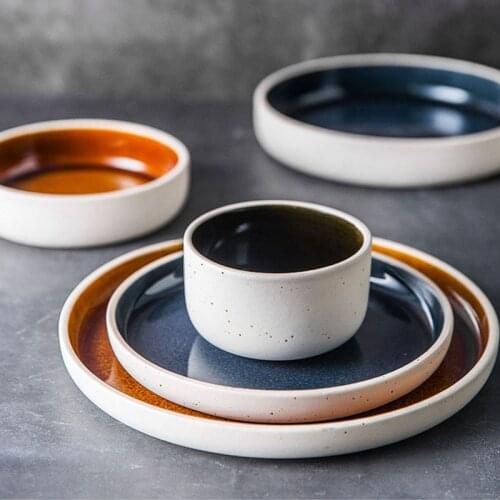 KINGLANG Japanese Kiln Glazed Dish Ceramic Plates Home Restaurant Tableware Cuisine Plate Bowl