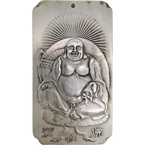 Chinese old Tibetan silver relief Maitreya Waist Card amulet pendant Feng Shui lucky Card pendant