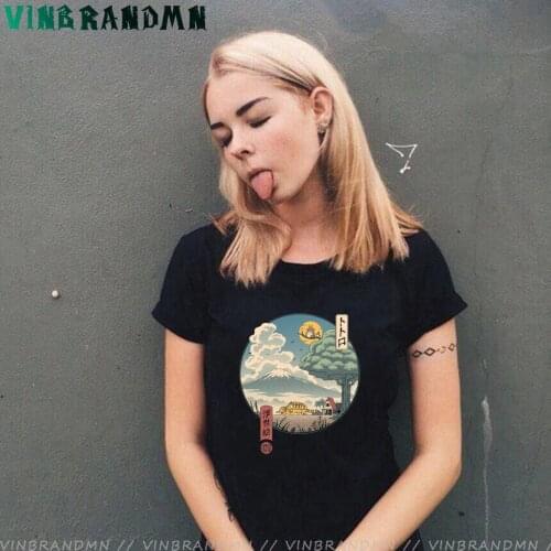 Summer Japanese Anime Neighbors Ukiyo-e Totoro T shirt Cartoon Cat Bus T-shirt Manga Ghibli Scenes Spirited Away women tee tops