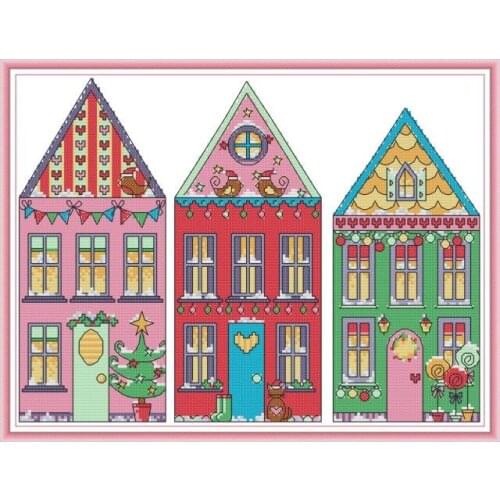 Joy Sunday Rainbow House Stamped Cross Stitch Kit Embroidery 11CT 14CT Counted Needlework Handmade Printed Decoration Gifts Sets