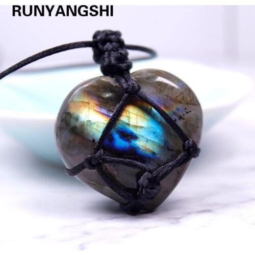 Natural Colorful Labradorite Crystal Original Moonstone Hand woven net pocket Pendant Protection Stone Craft