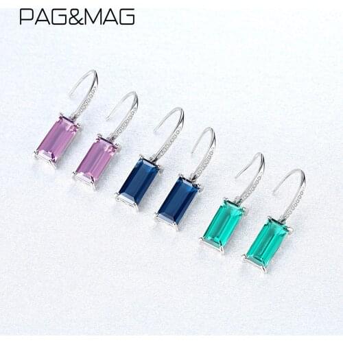 PAG&MAG Elegant Emerald Rectangle Shape Long Earrings Sterling Silver 925 Pendant Drop Earrings Fine Jewelry Gift SE0114
