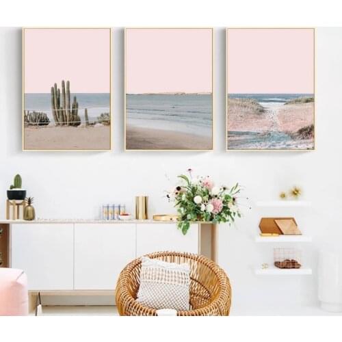 Desert Landscape Canvas Painting Ocean Water Sandy Beach Poster Cactus Print Pink Nursery Wall Art Coastal Decoration Pictures