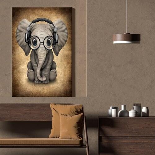 Canvas Poster Funny Little Elephant Listening To Music Wall Art Painting Posters and Prints Nordic Wall Pictures for Home Decor