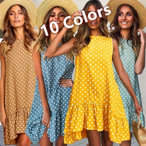 Summer Dress Women Loose Casual Chiffon Clothes Polka Dot Plus Size A-Line Sleeveless Ruffles Tank Empire O-Neck Midi Robe Fille