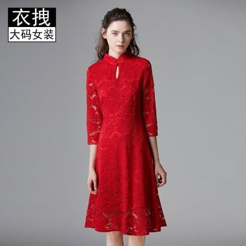 Spring and Autumn New Womens lace dress fat sister long eyelash hollow sexy red plus size dress