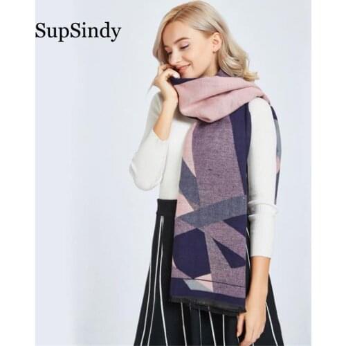 SupSindy New Women Winter scarf Thick soft warm Cashmere wool scarf for women luxury brand fashion Geometric plaid Shawl Scarves