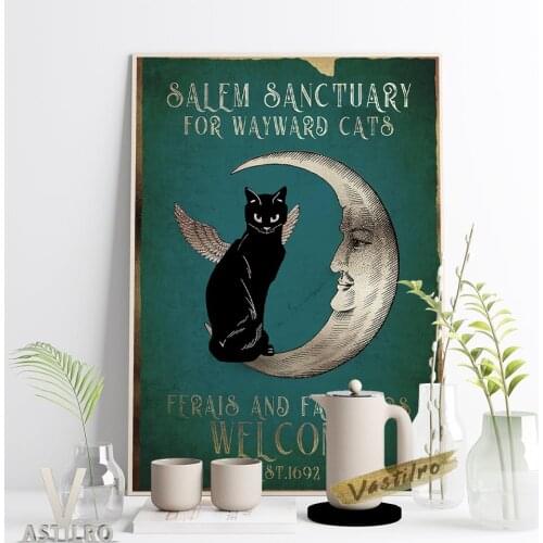 Salem Wayward Cats Sanctuary Vintage Art Publicity Poster Feral Animal Lovers Gift Black White Sketch Wall Stickers Home Decor