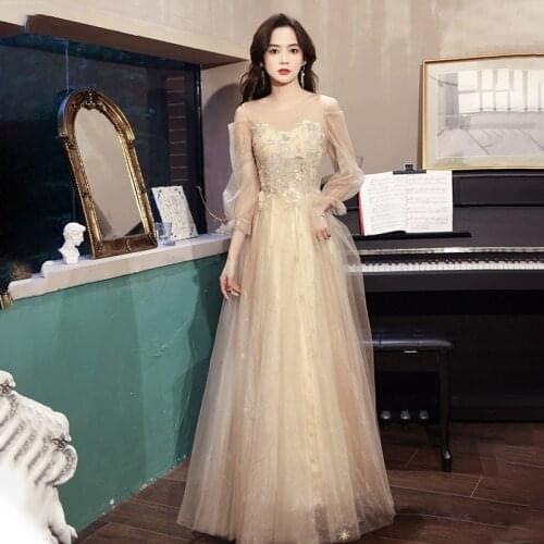 Evening Dress Luxurious Embroidery Full Sleeves Sequins A-Line O-Neck Empire Floor-Length Tulle Woman Formal Party Gowns A1428