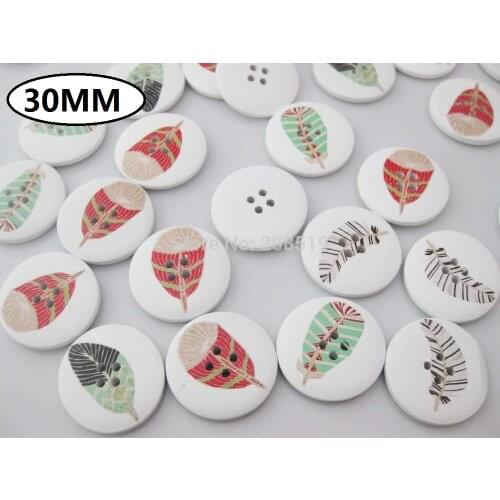 WBNLLE 4 Holes 30MM Wood buttons 80pcs/lot multicolor Feather printed large button