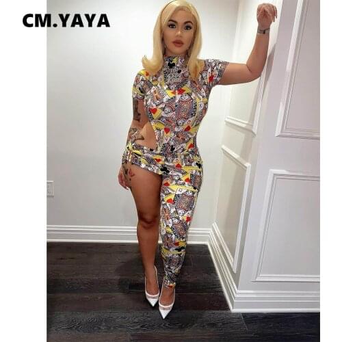 CM.YAYA Women Jumpsuit Print Irregular Hollow Out Short Sleeve Jumpsuits Sheath Elastic One Piece Outfits Casual Clothing Summer