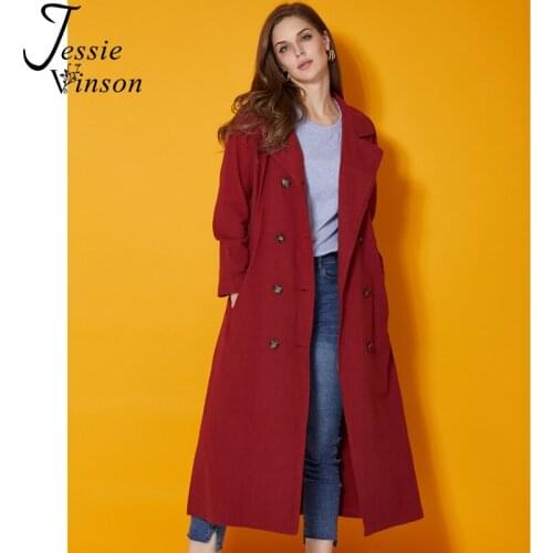 Jessie Vinson Trench Coat Women Casual Cotton Linen Turn Down Collar Double Breasted Pocket Wine Red Long Trench Coat Autumn