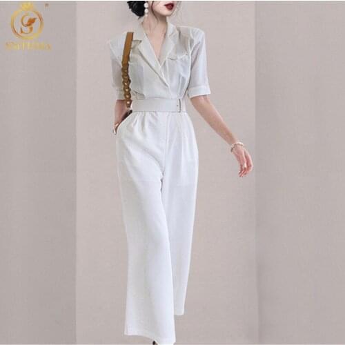 SMTHMA Women Jumpsuit Romper Short Sleeve Wide Leg Loose White Playsuit Sexy V Neck Casual Playsuit Overalls Ladies With Belt
