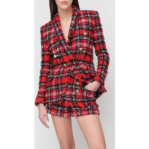 HIGH QUALITY Newest 2021 Designer Jacket Womens Double Breasted Lion Buttons Shawl Collar Tassel Fringed Plaid Tweed Blazer