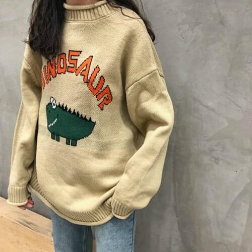 Dinosaur Sweater Harajuku Winter Fashion Vintage Women Letter Print O-neck Pullover Long Sleeve Loose Knitted Oversize Female